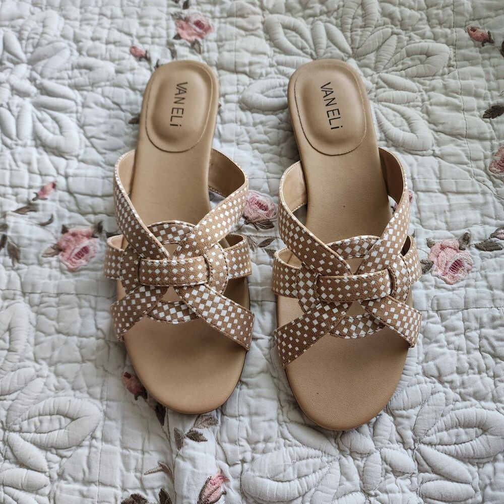 VANELI Broska Beige White Regie Print Cross Strap Slide Sandals Size 8.5 W